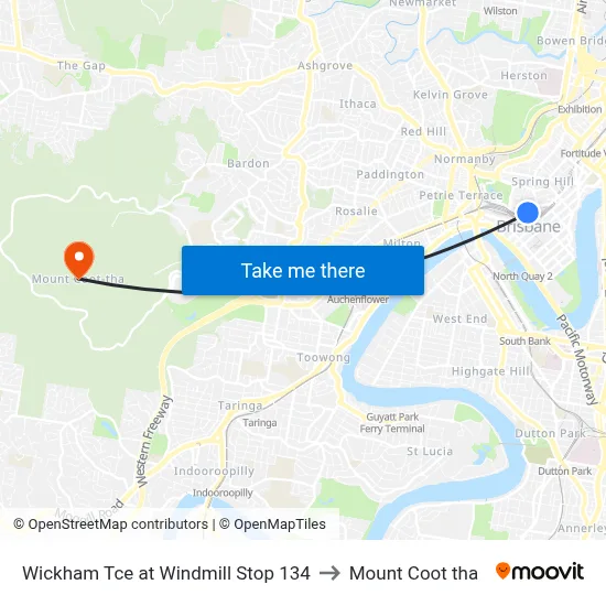 Wickham Tce at Windmill Stop 134 to Mount Coot tha map