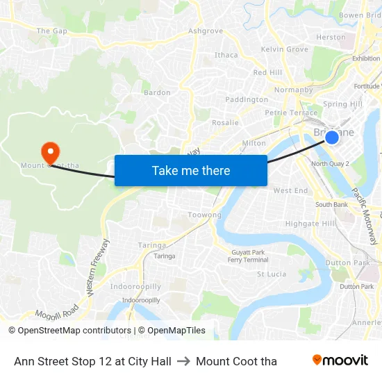 Ann Street Stop 12 at City Hall to Mount Coot tha map