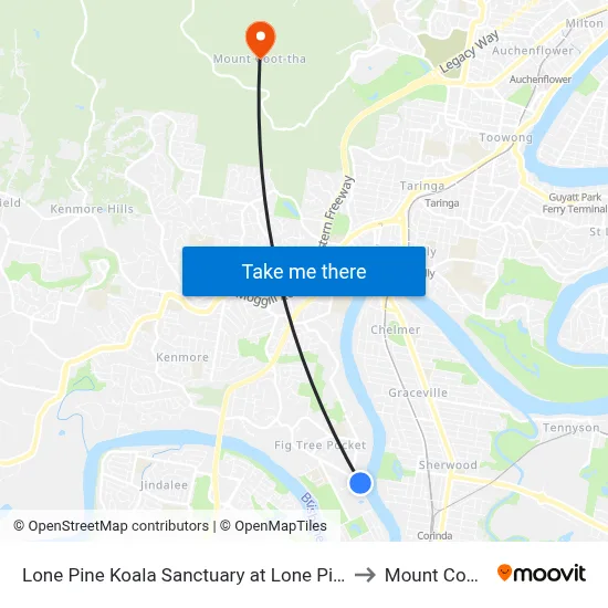 Lone Pine Koala Sanctuary at Lone Pine, Stop 42 to Mount Coot tha map