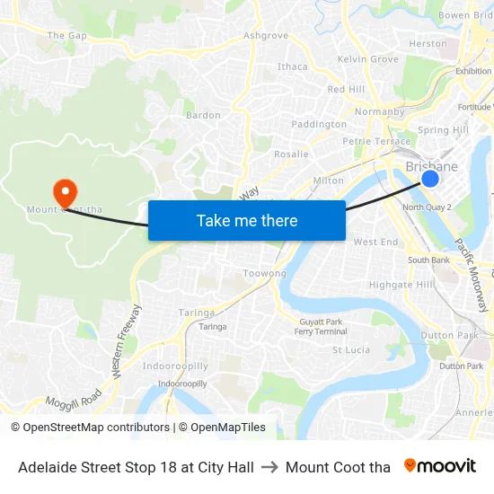 Adelaide Street Stop 18 at City Hall to Mount Coot tha map