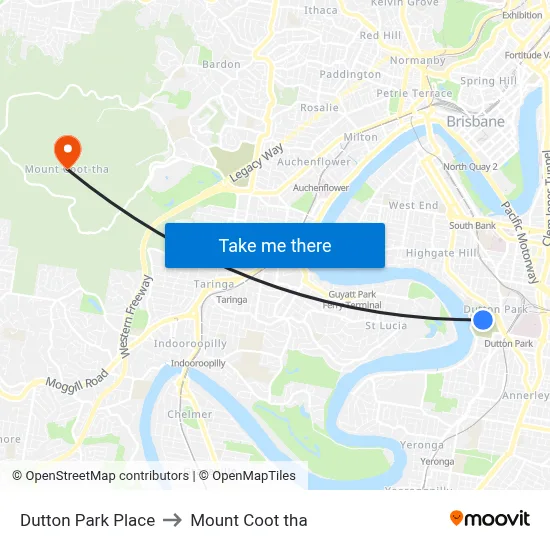 Dutton Park Place to Mount Coot tha map