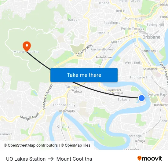 UQ Lakes Station to Mount Coot tha map