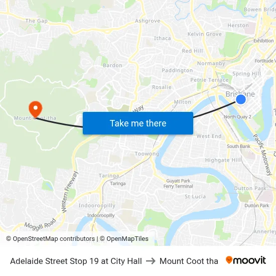 Adelaide Street Stop 19 at City Hall to Mount Coot tha map