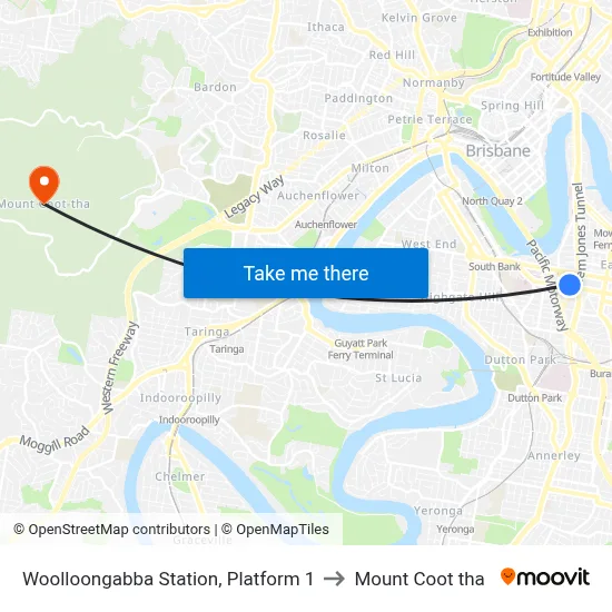 Woolloongabba Station, Platform 1 to Mount Coot tha map