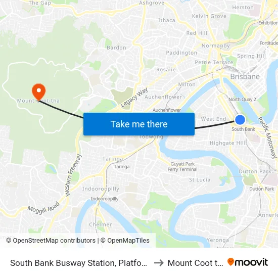 South Bank Busway Station, Platform 1 to Mount Coot tha map