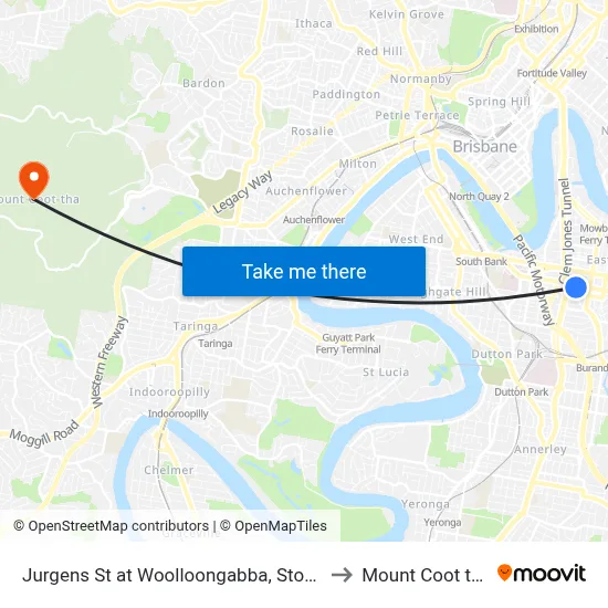 Jurgens St at Woolloongabba, Stop E to Mount Coot tha map