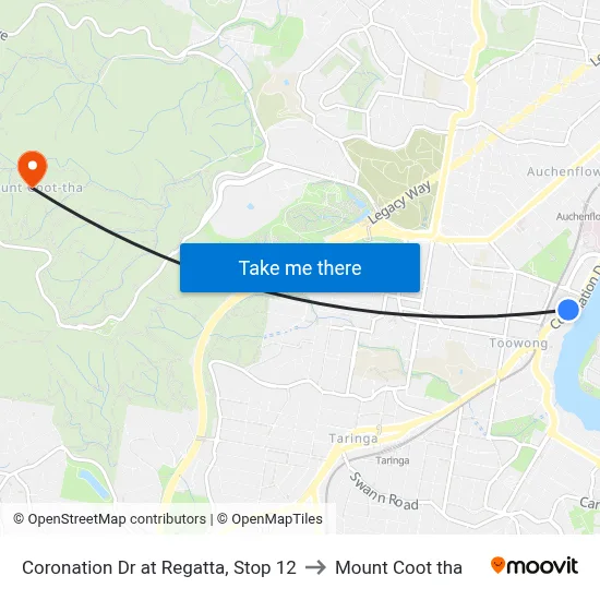 Coronation Dr at Regatta, Stop 12 to Mount Coot tha map