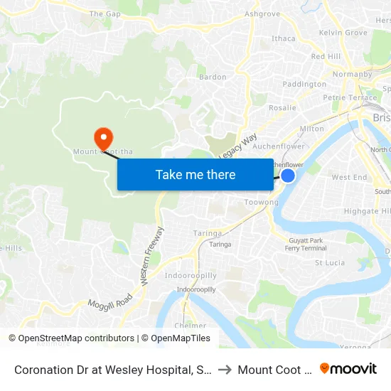 Coronation Dr at Wesley Hospital, Stop 9 to Mount Coot tha map