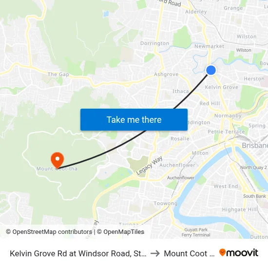 Kelvin Grove Rd at Windsor Road, Stop 16 to Mount Coot tha map