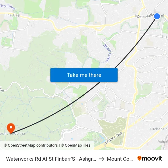 Waterworks Rd At St Finbarr'S - Ashgrove, Stop 16 to Mount Coot tha map