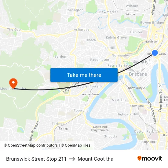 Brunswick Street Stop 211 to Mount Coot tha map