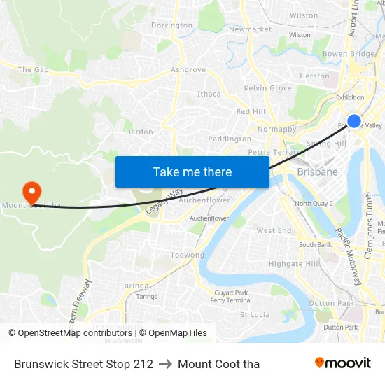 Brunswick Street Stop 212 to Mount Coot tha map