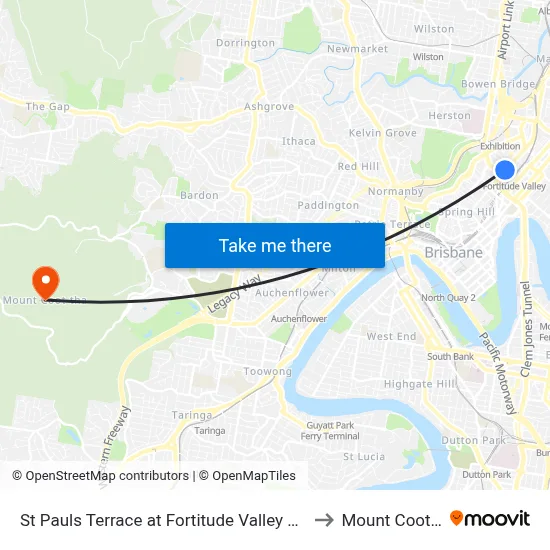 St Pauls Terrace at Fortitude Valley Stop 232 to Mount Coot tha map