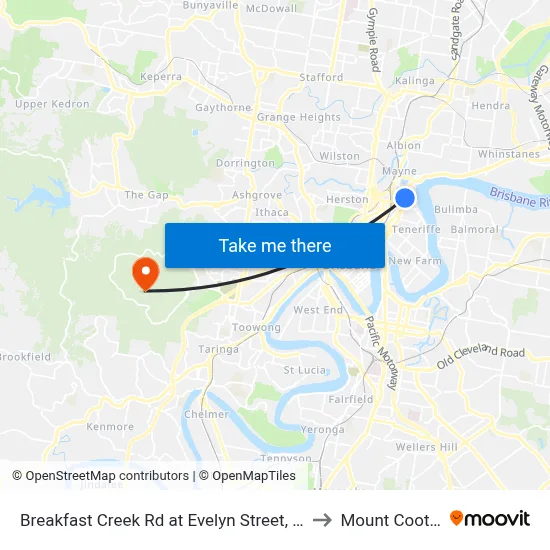 Breakfast Creek Rd at Evelyn Street, Stop 10 to Mount Coot tha map