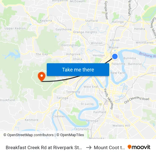 Breakfast Creek Rd at Riverpark Stop 9 to Mount Coot tha map