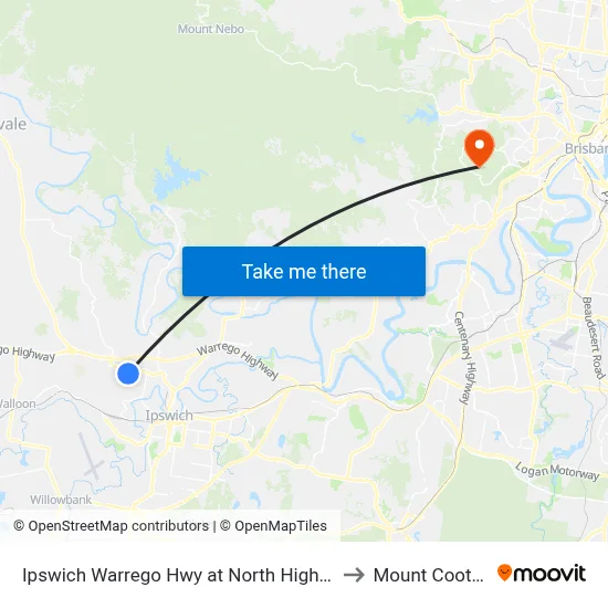 Ipswich Warrego Hwy at North High Street to Mount Coot tha map