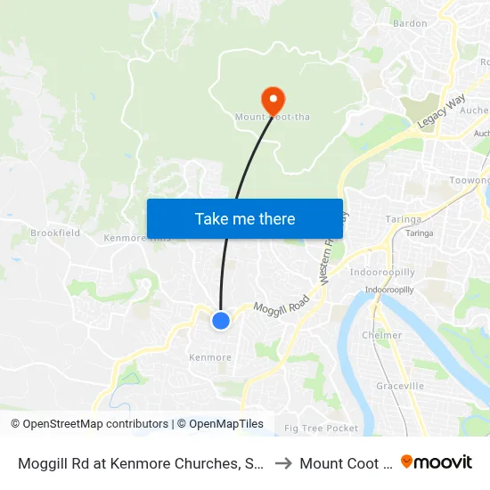 Moggill Rd at Kenmore Churches, Stop 34 to Mount Coot tha map