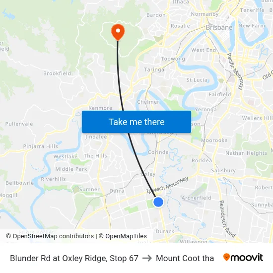 Blunder Rd at Oxley Ridge, Stop 67 to Mount Coot tha map