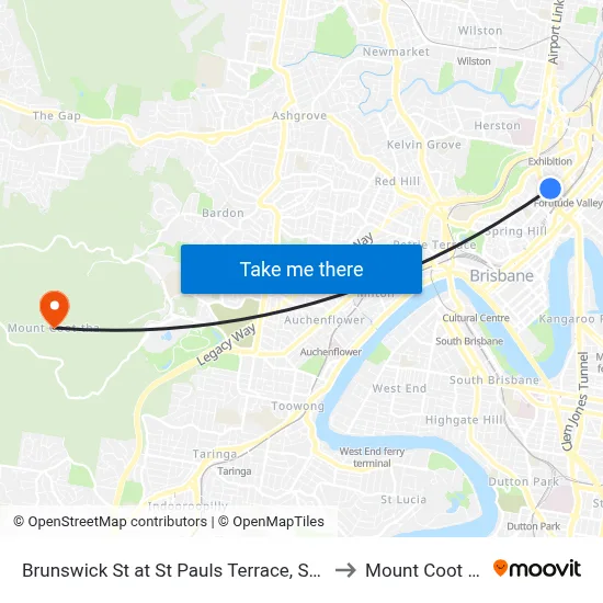 Brunswick St at St Pauls Terrace, Stop 5 to Mount Coot tha map