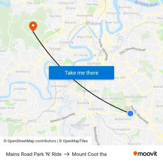 Mains Road Park 'N' Ride to Mount Coot tha map