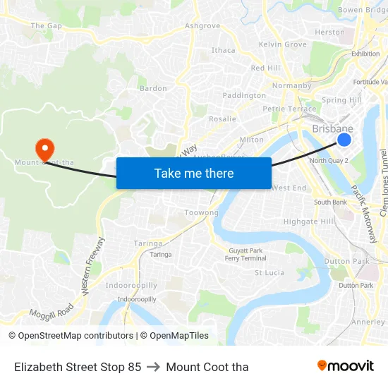 Elizabeth Street Stop 85 to Mount Coot tha map