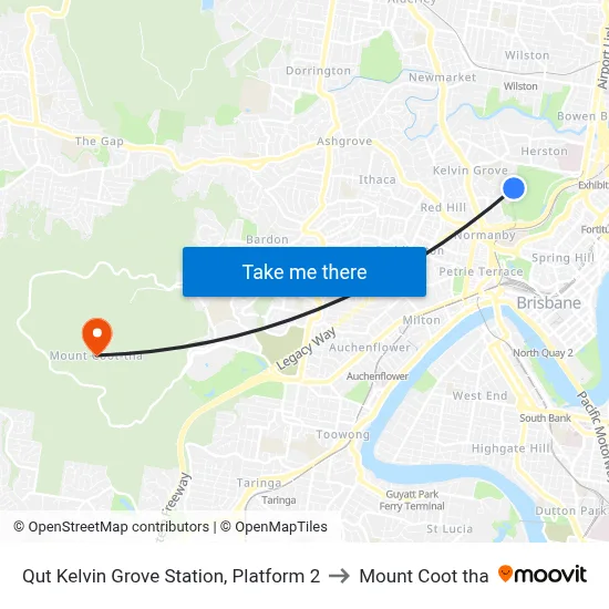 Qut Kelvin Grove Station, Platform 2 to Mount Coot tha map