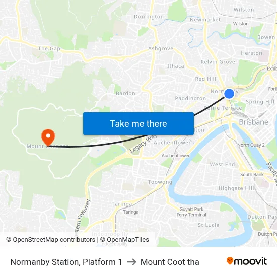 Normanby Station, Platform 1 to Mount Coot tha map