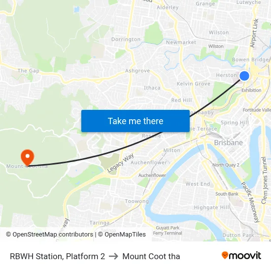 RBWH Station, Platform 2 to Mount Coot tha map