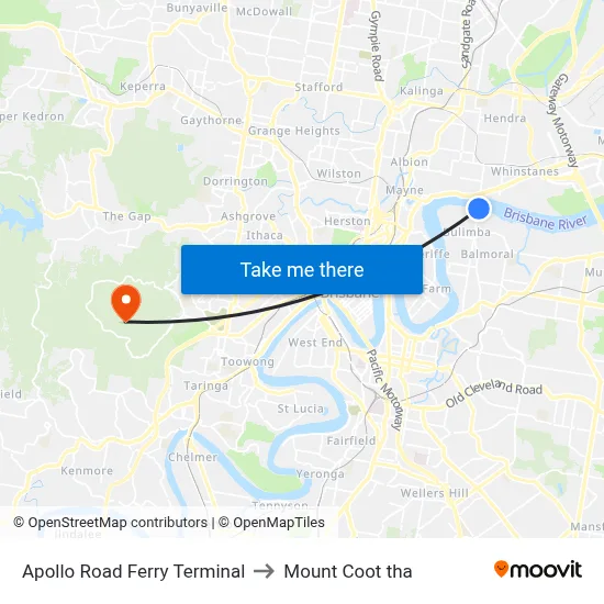 Apollo Road Ferry Terminal to Mount Coot tha map