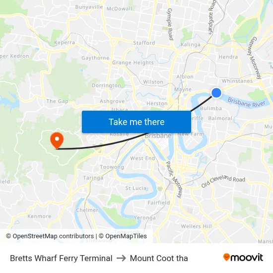 Bretts Wharf Ferry Terminal to Mount Coot tha map
