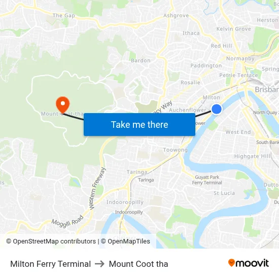 Milton Ferry Terminal to Mount Coot tha map