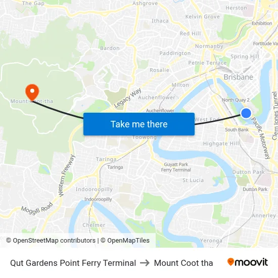 Qut Gardens Point Ferry Terminal to Mount Coot tha map