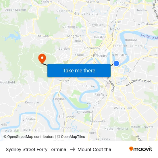 Sydney Street Ferry Terminal to Mount Coot tha map