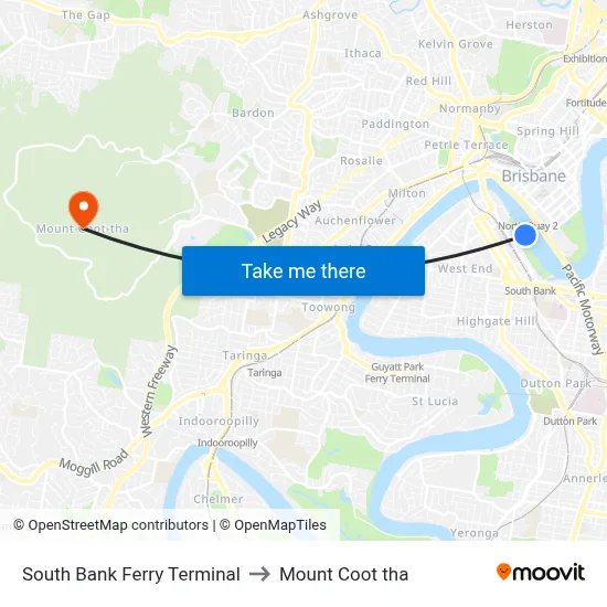 South Bank Ferry Terminal to Mount Coot tha map