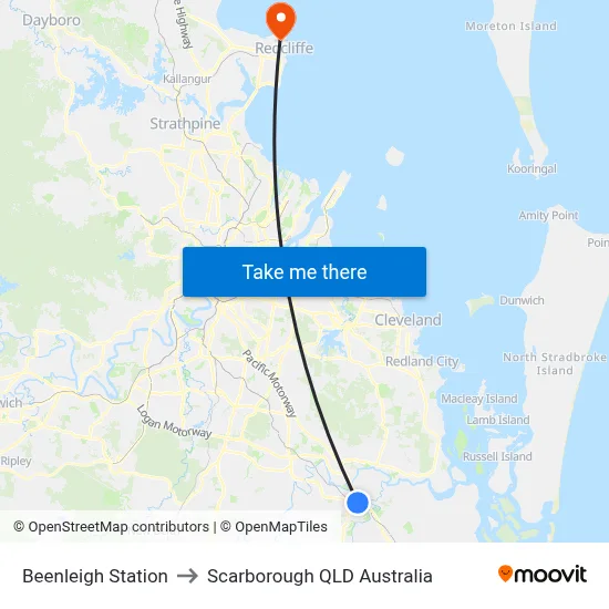 Beenleigh Station to Scarborough QLD Australia map