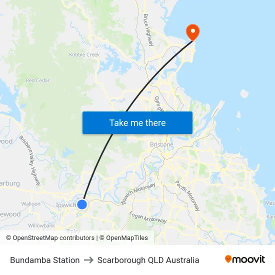 Bundamba Station to Scarborough QLD Australia map