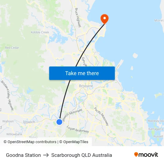 Goodna Station to Scarborough QLD Australia map
