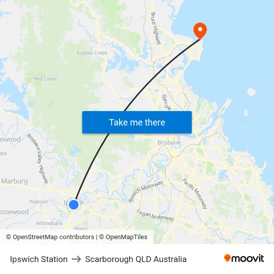 Ipswich Station to Scarborough QLD Australia map