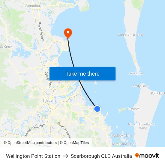 Wellington Point Station to Scarborough QLD Australia map