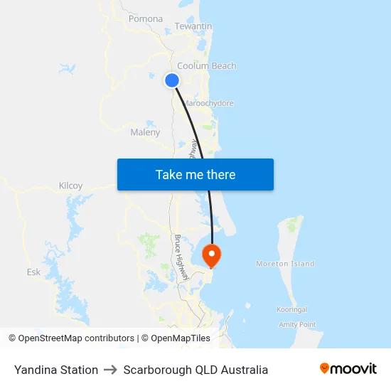 Yandina Station to Scarborough QLD Australia map