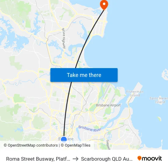Roma Street Busway, Platform 2 to Scarborough QLD Australia map