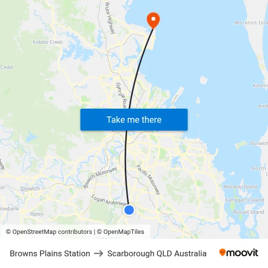 Browns Plains Station to Scarborough QLD Australia map