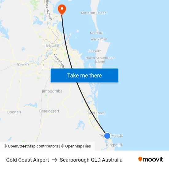 Gold Coast Airport to Scarborough QLD Australia map