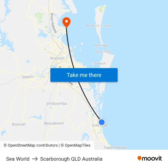 Sea World to Scarborough QLD Australia map