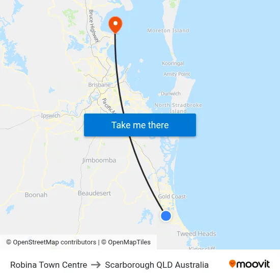 Robina Town Centre to Scarborough QLD Australia map