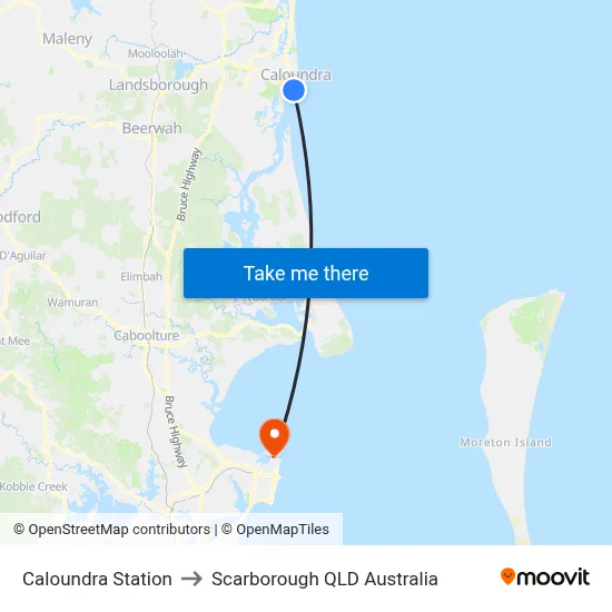 Caloundra Station to Scarborough QLD Australia map