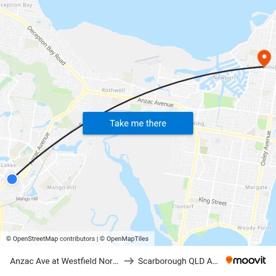 Anzac Ave at Westfield North Lakes to Scarborough QLD Australia map