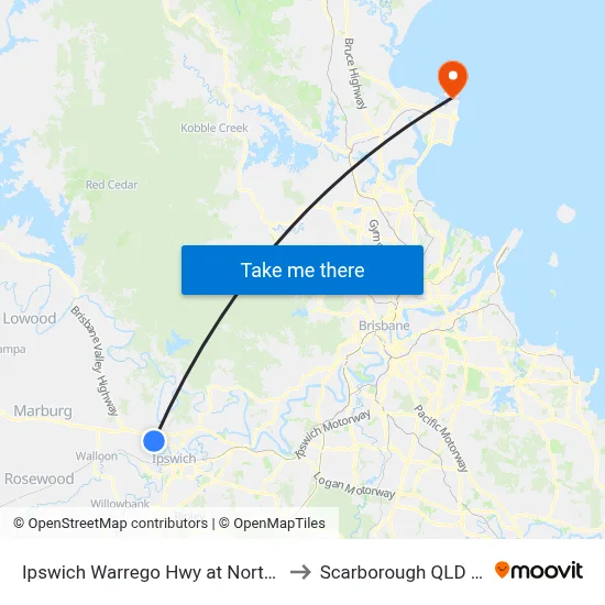 Ipswich Warrego Hwy at North High Street to Scarborough QLD Australia map