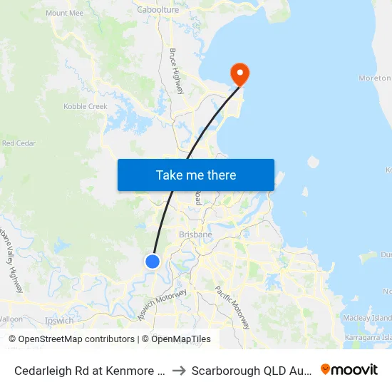 Cedarleigh Rd at Kenmore Village to Scarborough QLD Australia map