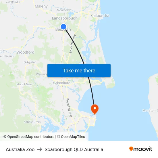Australia Zoo to Scarborough QLD Australia map